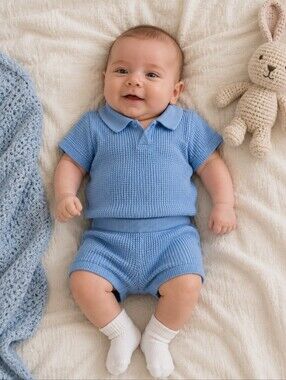 Light Blue Knit Polo Top & Matching Shorts Set | 0-3M